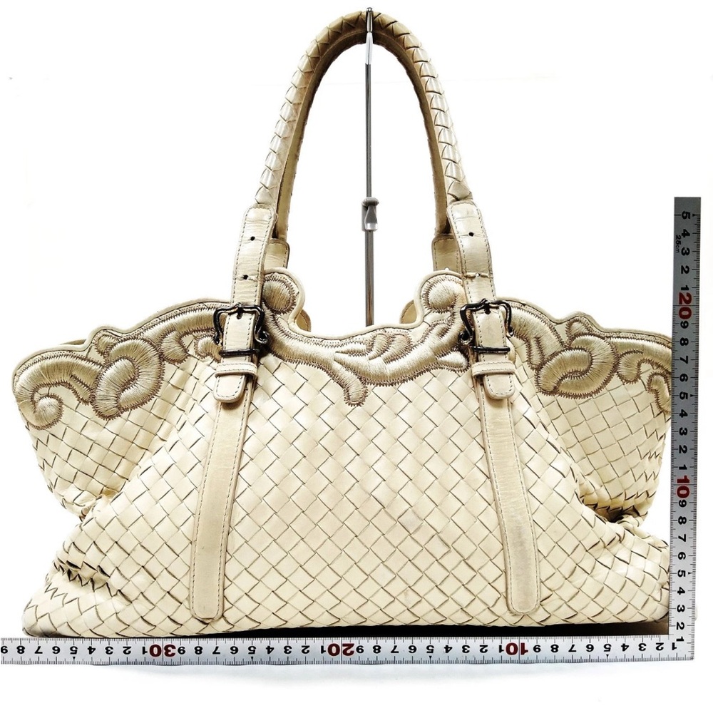 Bottega Veneta Cream Woven Leather Tote with Decorative Trim